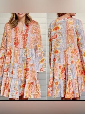 Sweet Magnolia Coral & Lavender Floral Tiered Long Sleeve Dress